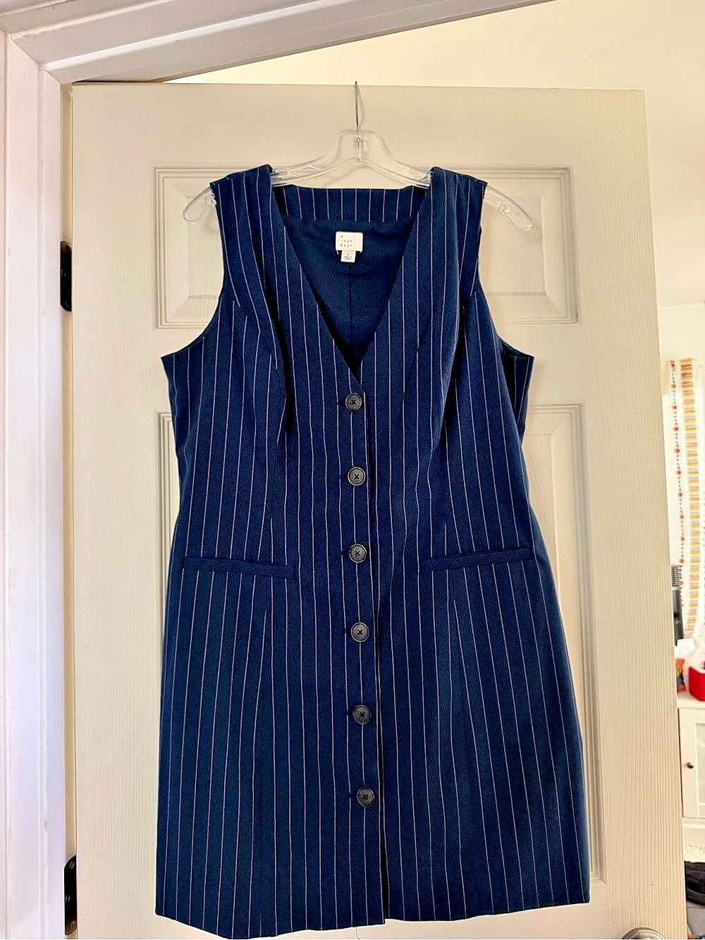 Striped V-Neck Mini Dress in Dark Blue Size L